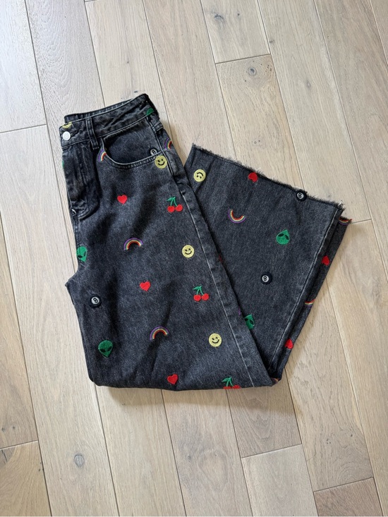 Dressed in LALA Denim - Dressed in LALA Black Wide Leg Jeans with Red, Green, Yellow Embroidery